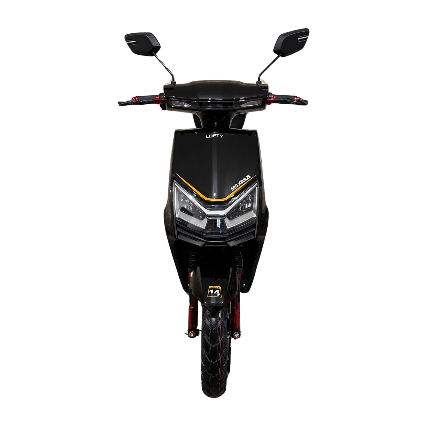 Lofty 14 Maximus elektromos robogó felülnézetből, modern sportos dizájnnal és dupla LED fényszóróval. 110 km hatótáv, 25 km/h – városi mobilitás jogosítvány nélkül. 635.000 Ft.