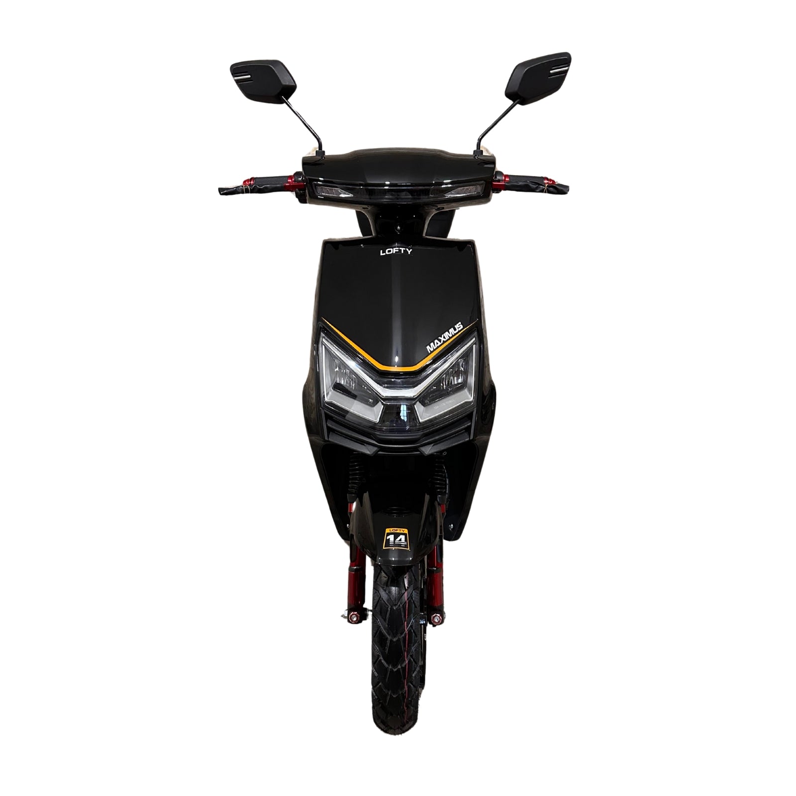 Lofty 14 Maximus elektromos robogó felülnézetből, modern sportos dizájnnal és dupla LED fényszóróval. 110 km hatótáv, 25 km/h – városi mobilitás jogosítvány nélkül. 635.000 Ft.