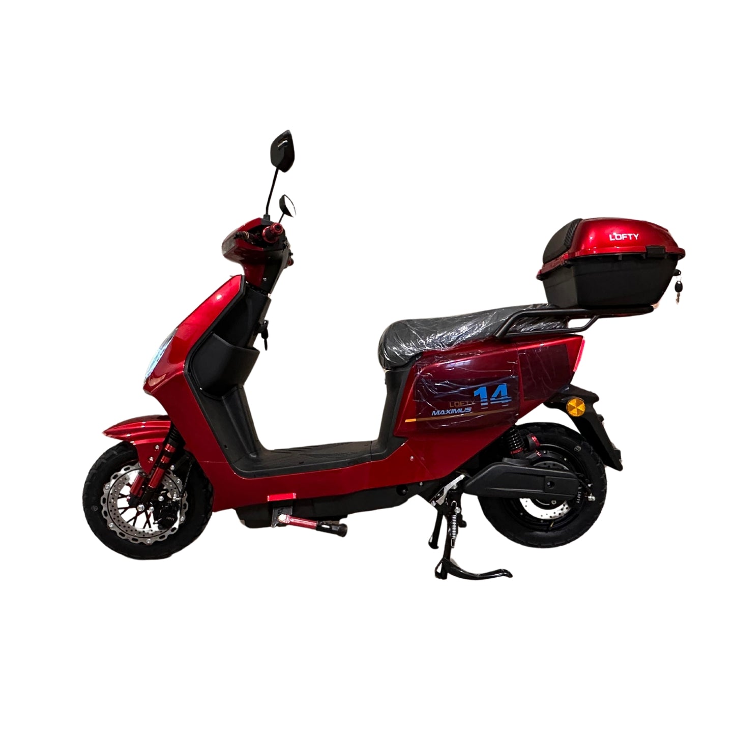 Piros Lofty 14 Maximus elektromos robogó oldalnézetben, tárolódobozzal és 48V 60Ah hordozható akkumulátorral. 25 km/h, dupla tárcsafék – vásárlás vagy bérlés elérhető. 635.000 Ft.