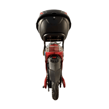 Lofty elektromos robogó hátulról pirosban, tárolódoboz, piros lámpa – 35-40 km, 279.990 Ft