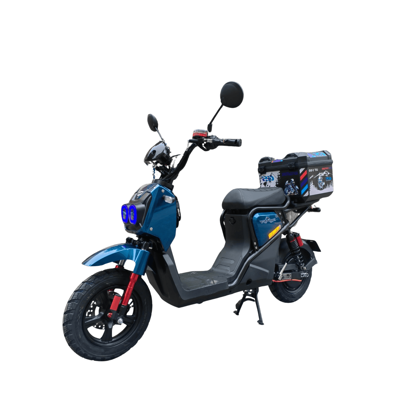 Equickey P6 elektromos robogó oldalsó nézet, kék szín, 48V akkumulátorral akár 200 km hatótáv