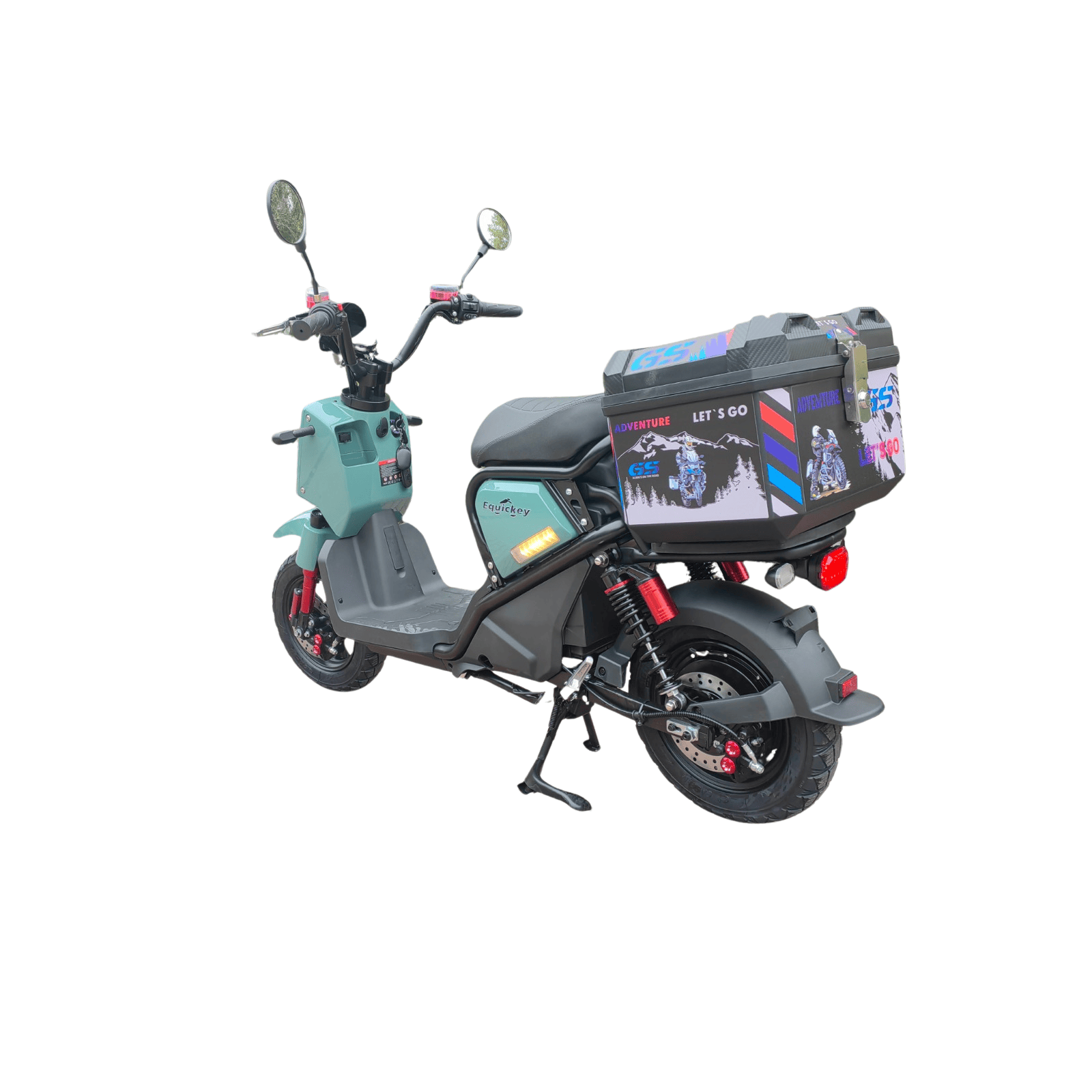 Equickey P6 elektromos robogó hátsó nézet, zöld szín, első és hátsó tárcsafékek