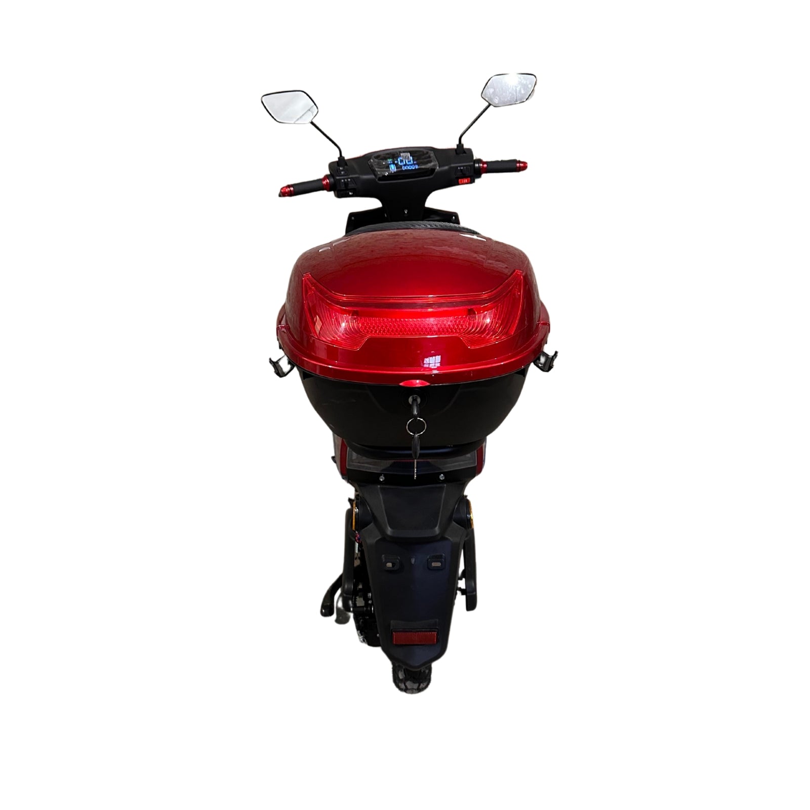 Piros Elektromos robogó electric Moped Scooter Motorcycle Rear Trunk Tail Box Waterproof with Reflector hátulnézeti kép – modern hátsó lámpával, feltűnő piros színben és praktikus csomagtartó dobozzal, ideális napi használatra és városi kiszállításra Budapesten.