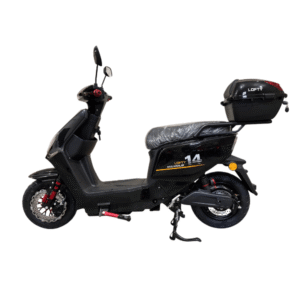 Fekete Lofty 14 Maximus elektromos robogó oldalról, könnyű vázzal és hordozható 48V 60Ah akkumulátorral. 25 km/h, tárcsafékek, távirányítós indítás – vásárlás vagy bérlés 635.000 Ft.